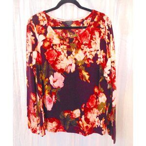 Talbots Sweater Merino Wool Size XL Purple Floral Long Sleeve Shirt Scoop Neck